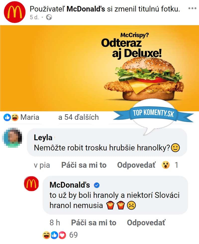 Reklama na McDonald's McCrispy Deluxe so zábavným komentárom o hrúbke hranoliek od používateľa.