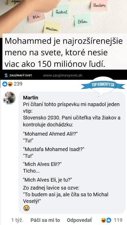 Koláž vtipu o najrozšírenejšom mene Mohamed na svete s reakciou o učiteľke v triede v roku 2030.