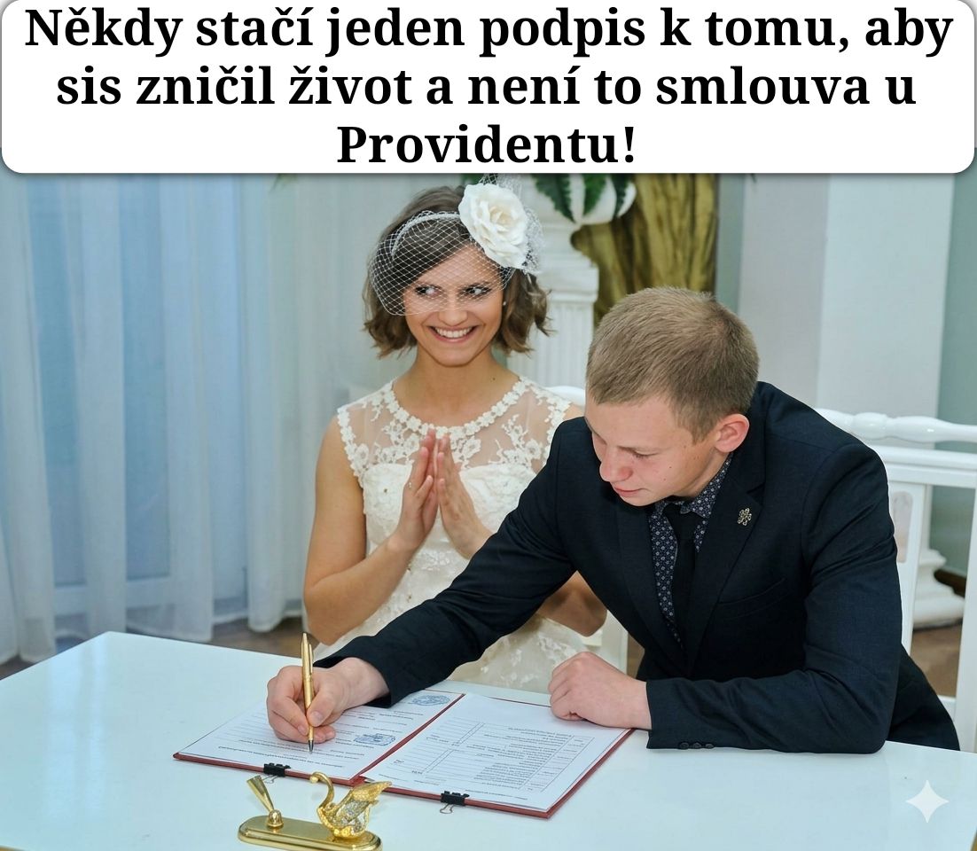 Muž a žena pri podpise dokumentu; žena sa usmieva a muž sústredene píše.