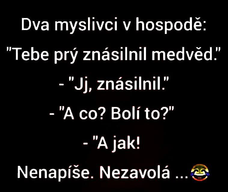 Ložícký humor o myslivcoch a medveďovi, ktorý nevolá ani nepíše späť, vyjadrený v legračnom dialógu v krčme.