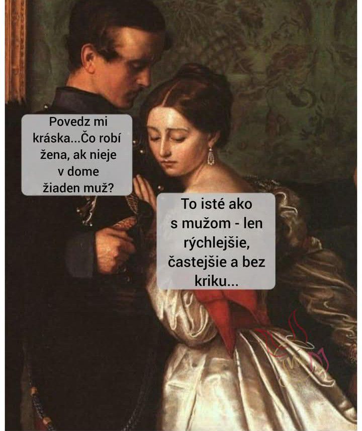 Obraz muža a ženy, znázorňujúci konverzáciu s humorným historickým kontextom.