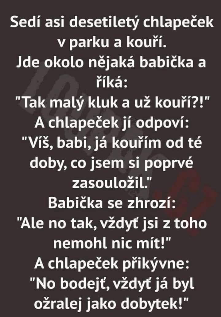 Vtipný textový obrázok o rozhovore chlapca s babkou o fajčení a humorných dôvodoch z minulosti.