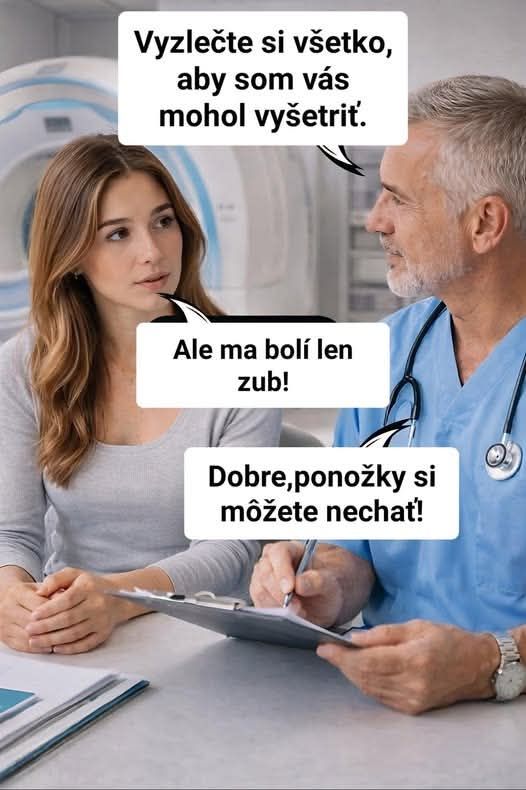 Lekár žartuje s pacientkou o vyšetrení pri bolestiach zuba.