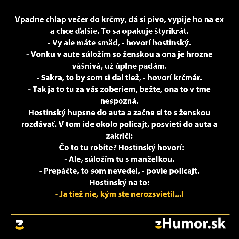 Vtipná scénka v krčme: Hostinský sa ocitne vo vtipnej situácii so ženou v aute, odhalený policajtom.