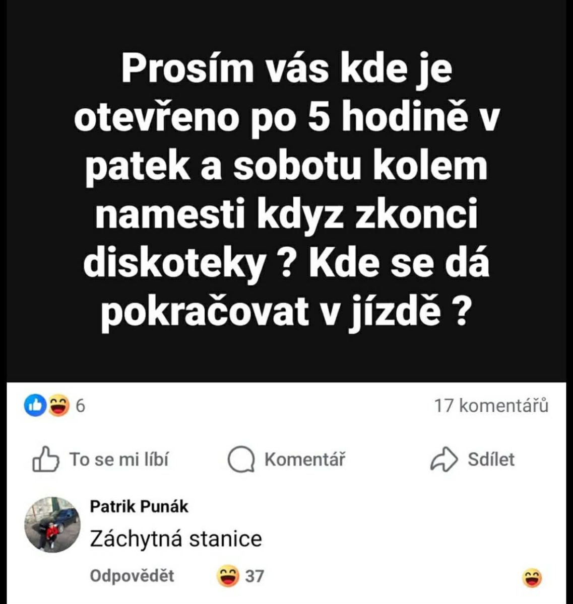 Vtipný komentár na Facebooku o tom, kam ísť po diskotéke: Záchytná stanice.