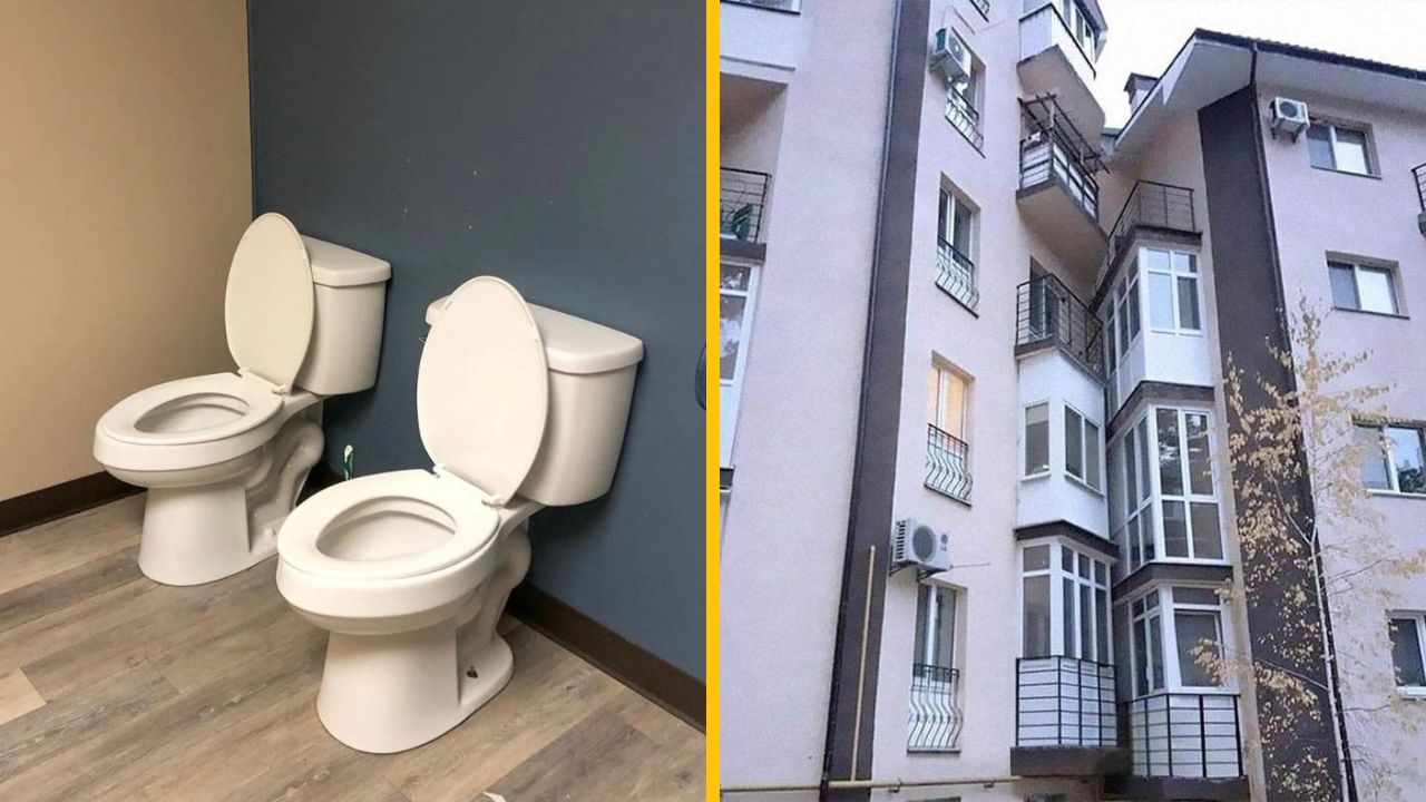 Dve toalety vedľa seba a zvláštna architektúra budovy s nevyužiteľnými balkónmi.