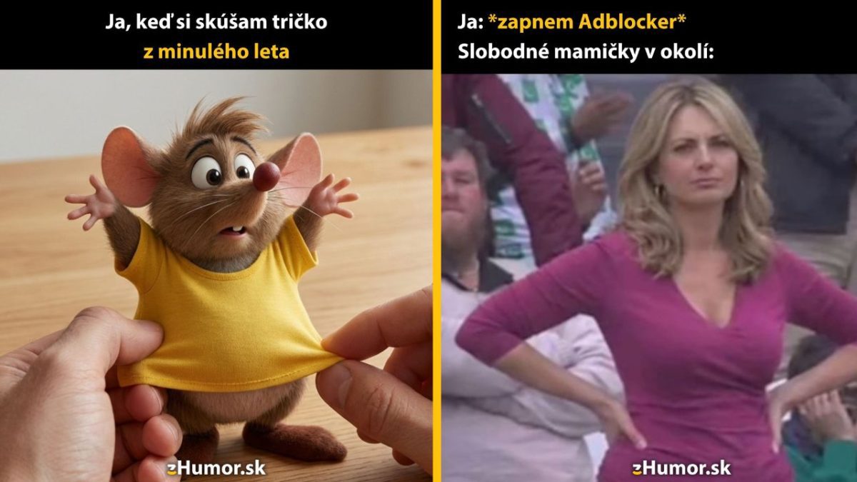 Animovaná myš v žltom tričku je porovnaná so zamračenou ženou na tribúne v humornom meme.