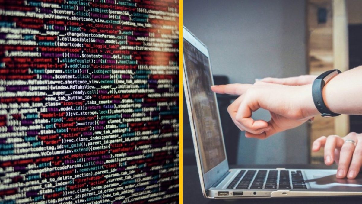 Počítačový kód a ruky ukazujúce na laptop, symbolizujúce programovanie a tímovú spoluprácu.