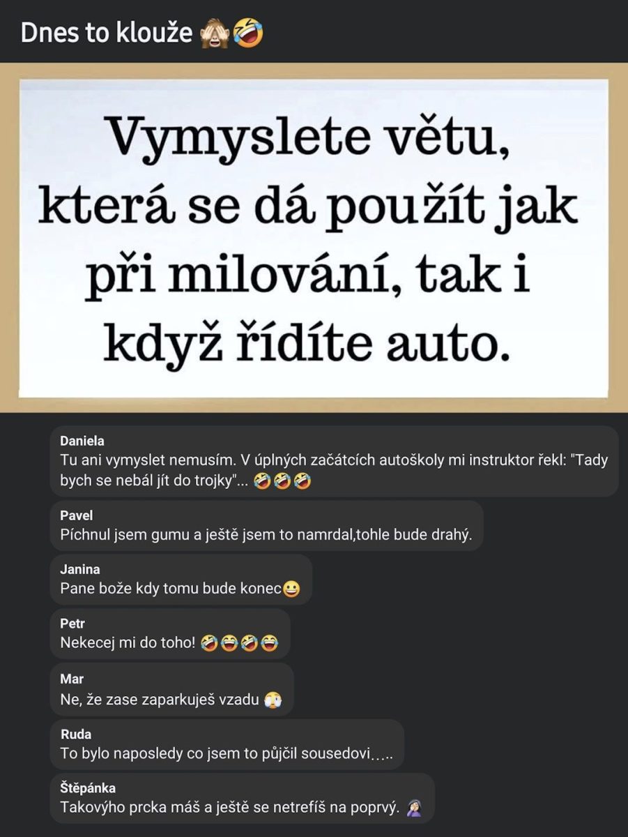 Vtipný obrázok s komentármi na tému výrokov vhodných pri milovaní aj pri šoférovaní, plný humoru.