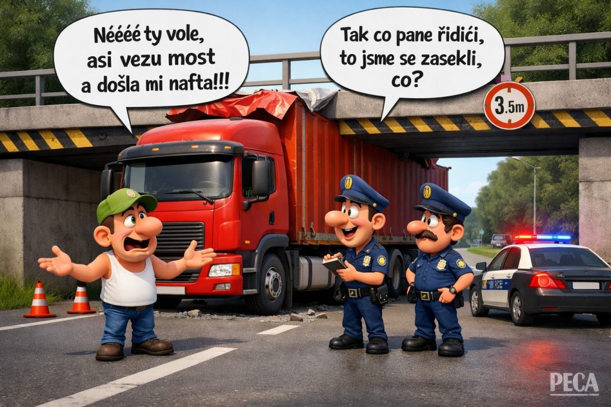 Vodič nákladného auta zaseknutý pod mostom vtipkuje s policajtmi. Dopravná nehoda, most obmedzenia výšky.
