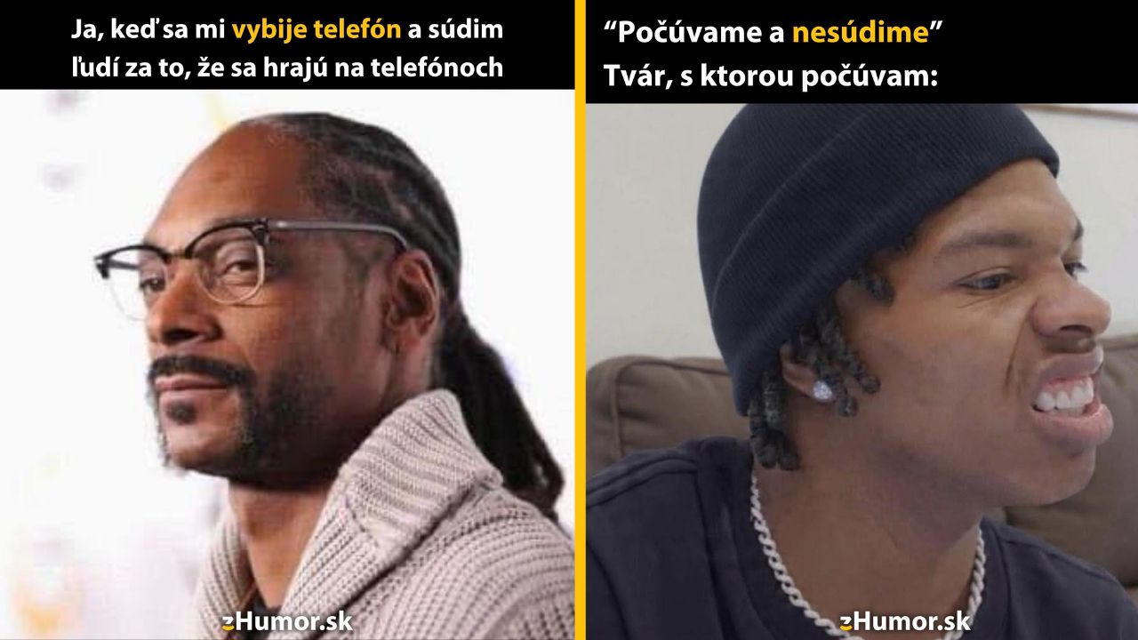 Dva obrázky, jeden muž s okuliarmi, druhý muž žmýka tvár, s textom o súdení a vybitom telefóne.