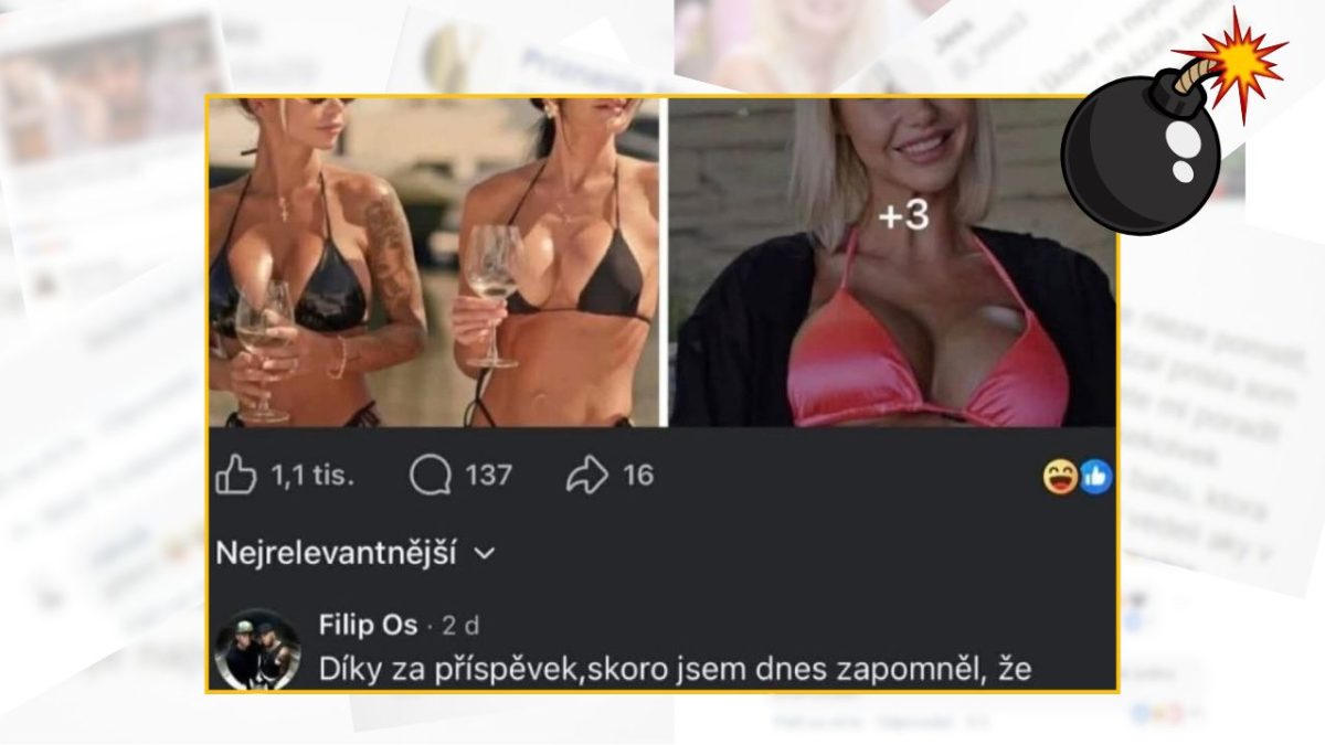 Dve ženy v plavkách so pohárom vína, s Facebook reakciami a vtipným komentárom dole.