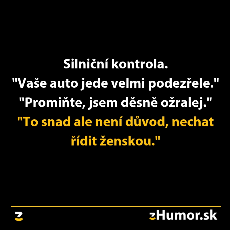 Vtip o cestnej kontrole: vodič prizná opitosť, dôvodom pre podozrivé jazdenie je žena za volantom.