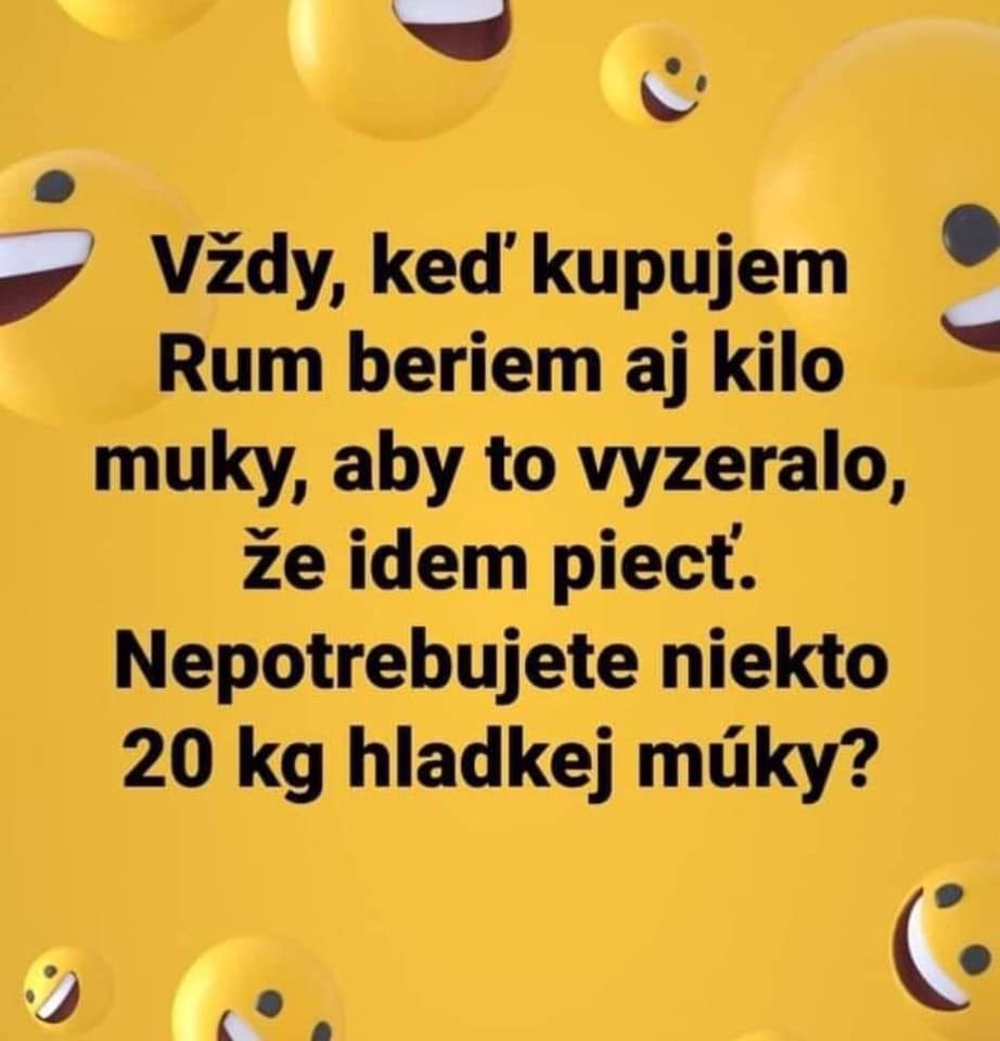 Vtipný text o kupovaní rumu a múky na pečenie s veselými smajlíkmi na žltom pozadí.