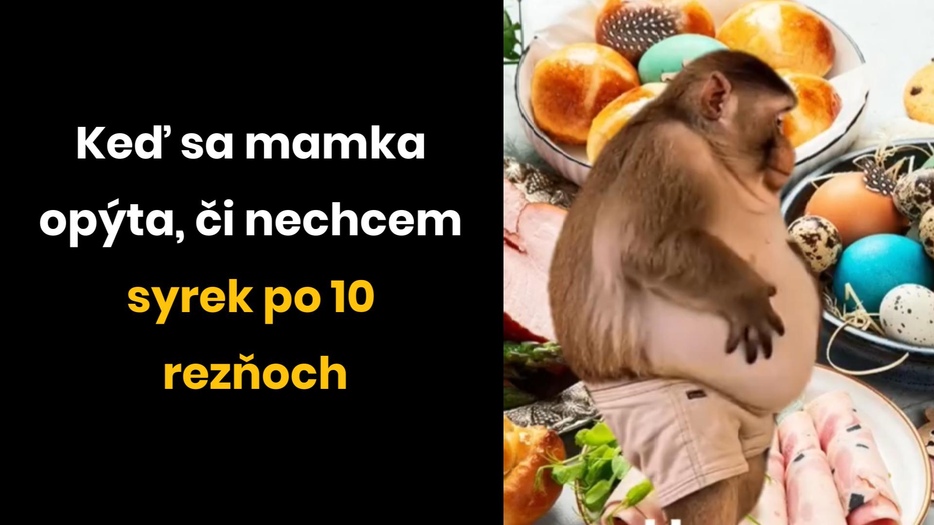 Opička s veľkým bruchom pri koláčoch, šunke a vajciach, ilustrácia prejedania sa.