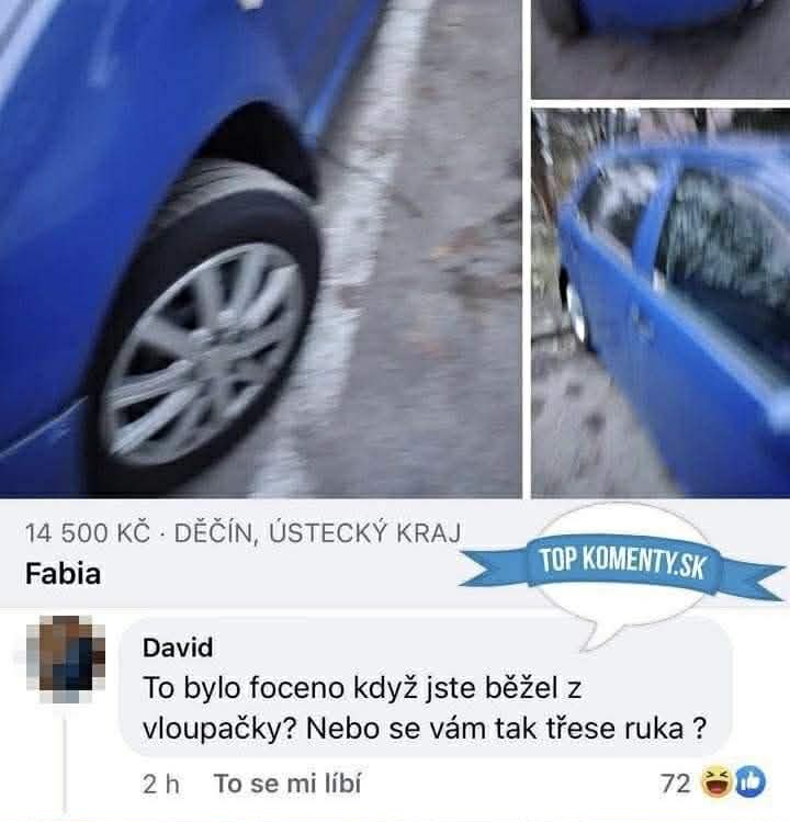 Rozmazaný obrázok modrej Fabie s ironickým komentárom o rozmazanej fotografii auta.