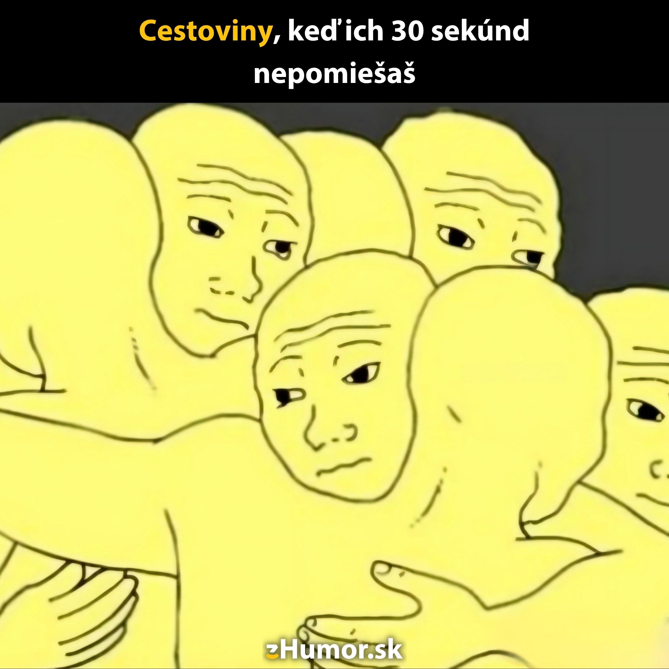 Cestoviny zlepené do jednotného klbka po nevmiešaní, ilustrácia podobná meme postavám.