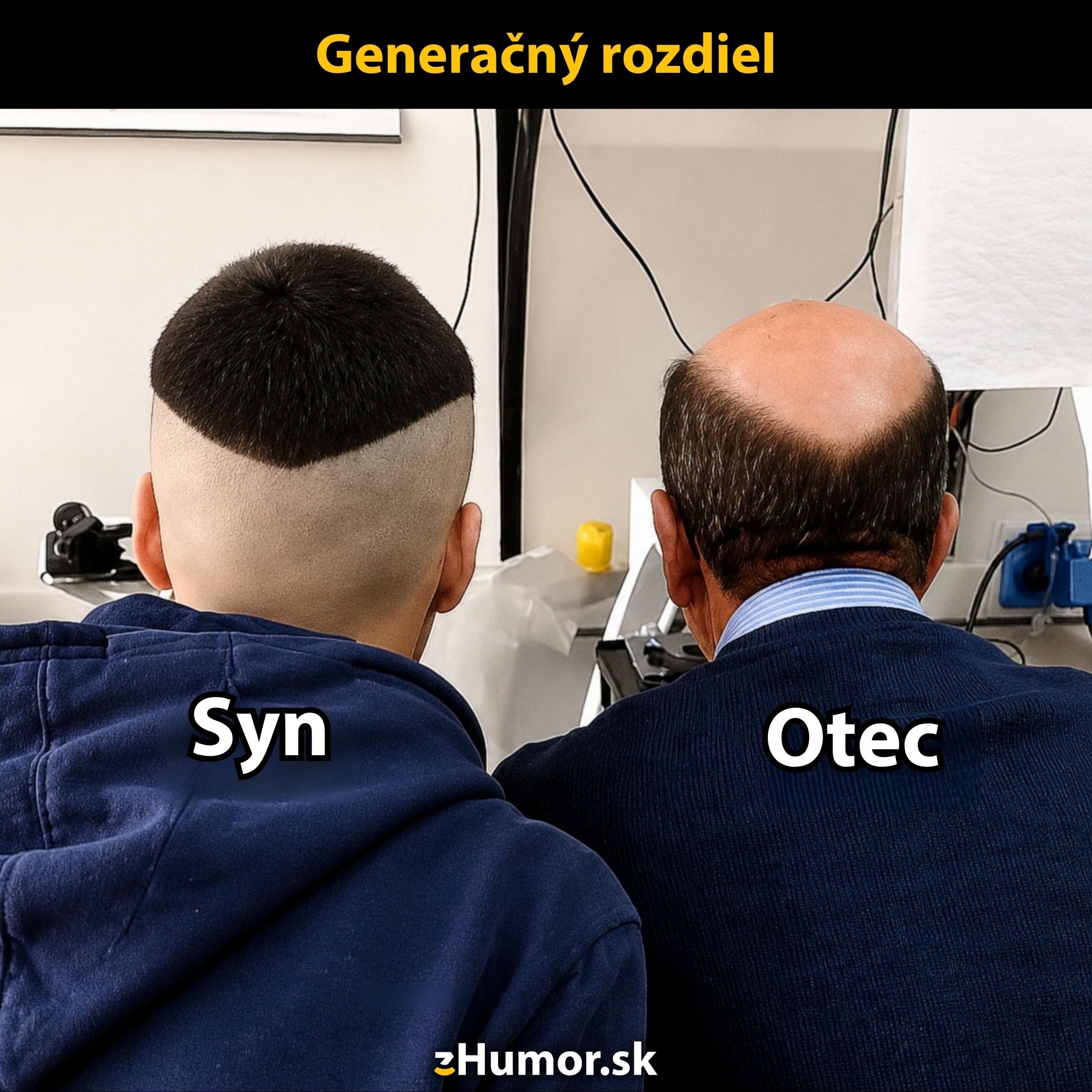 Generačný rozdiel vo vlasoch: kreatívny účes syna a plešina otca zozadu v humornom porovnaní.