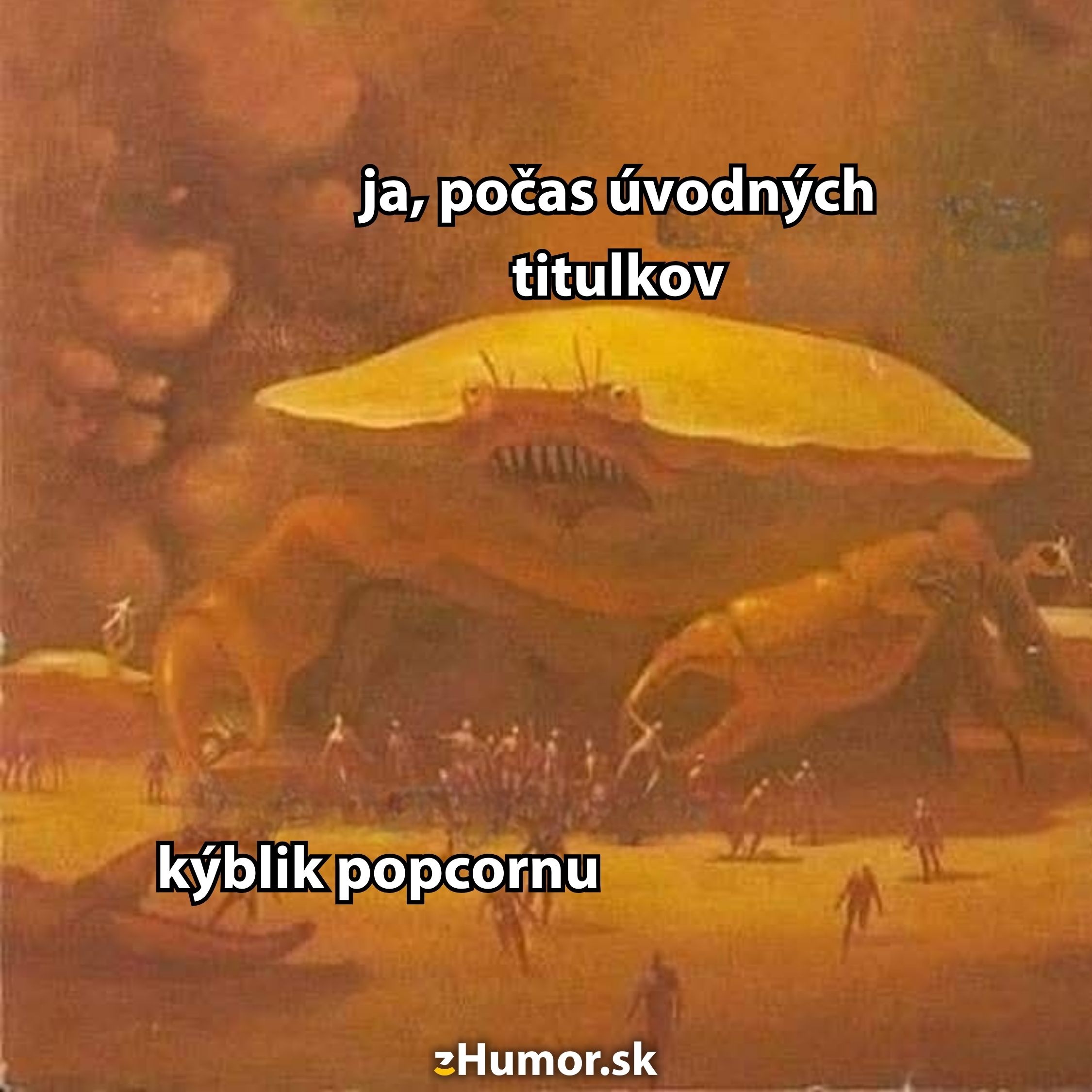 Obrovský krab s balíkom popcornu obklopený ľuďmi, s textom ja, počas úvodných titulkov, kýblik popcornu.