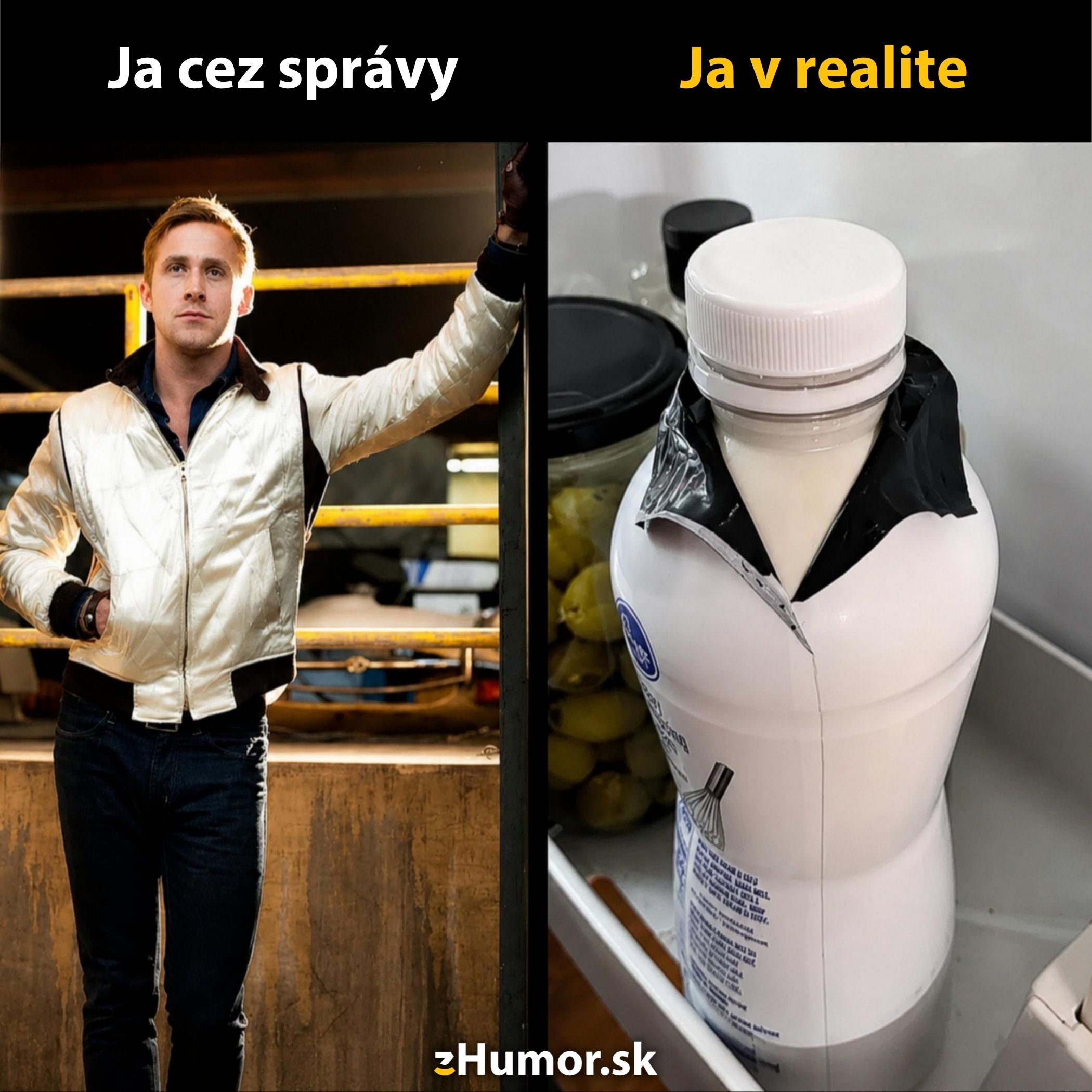 Vtipný kontrast medzi sebavedomým pózovaním a pohárom rozliateho mlieka s textom 'Ja cez správy vs. Ja v realite'.