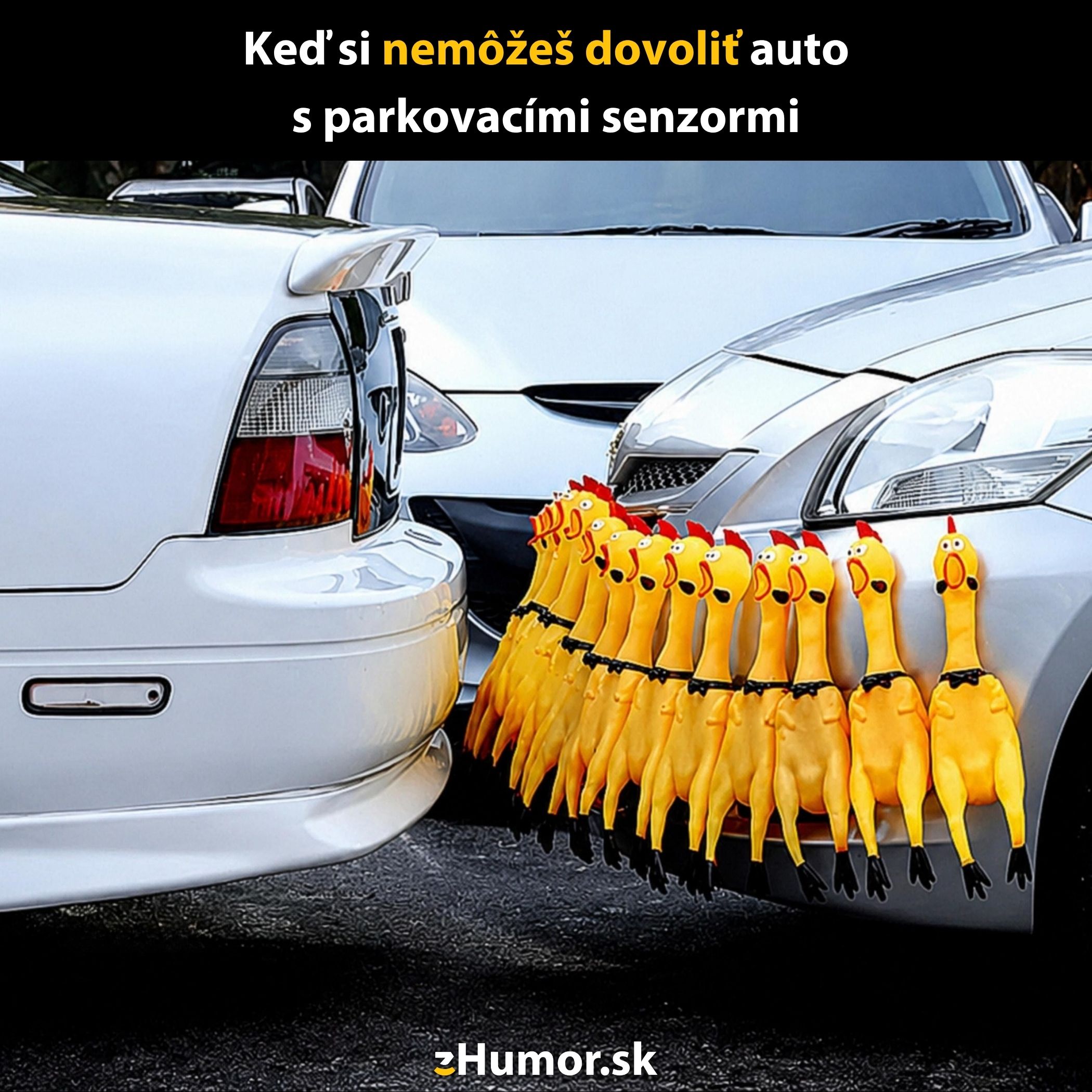 Auto s gumovými kačicami na nárazníku ako vtipná náhrada za parkovacie senzory.