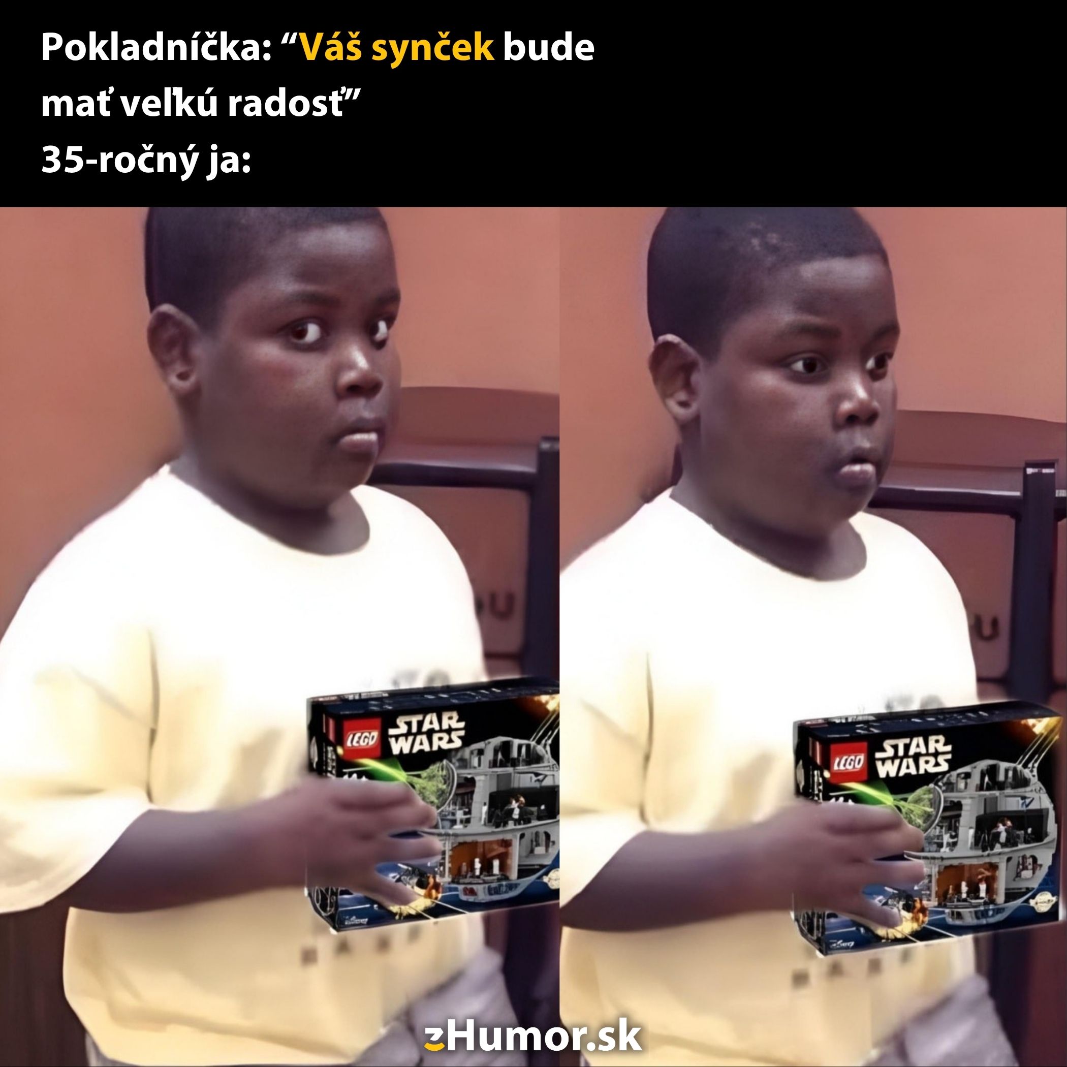 35-ročný muž drží LEGO Star Wars, pokladníčka vtipne komentuje, že to bude darček pre synčeka.