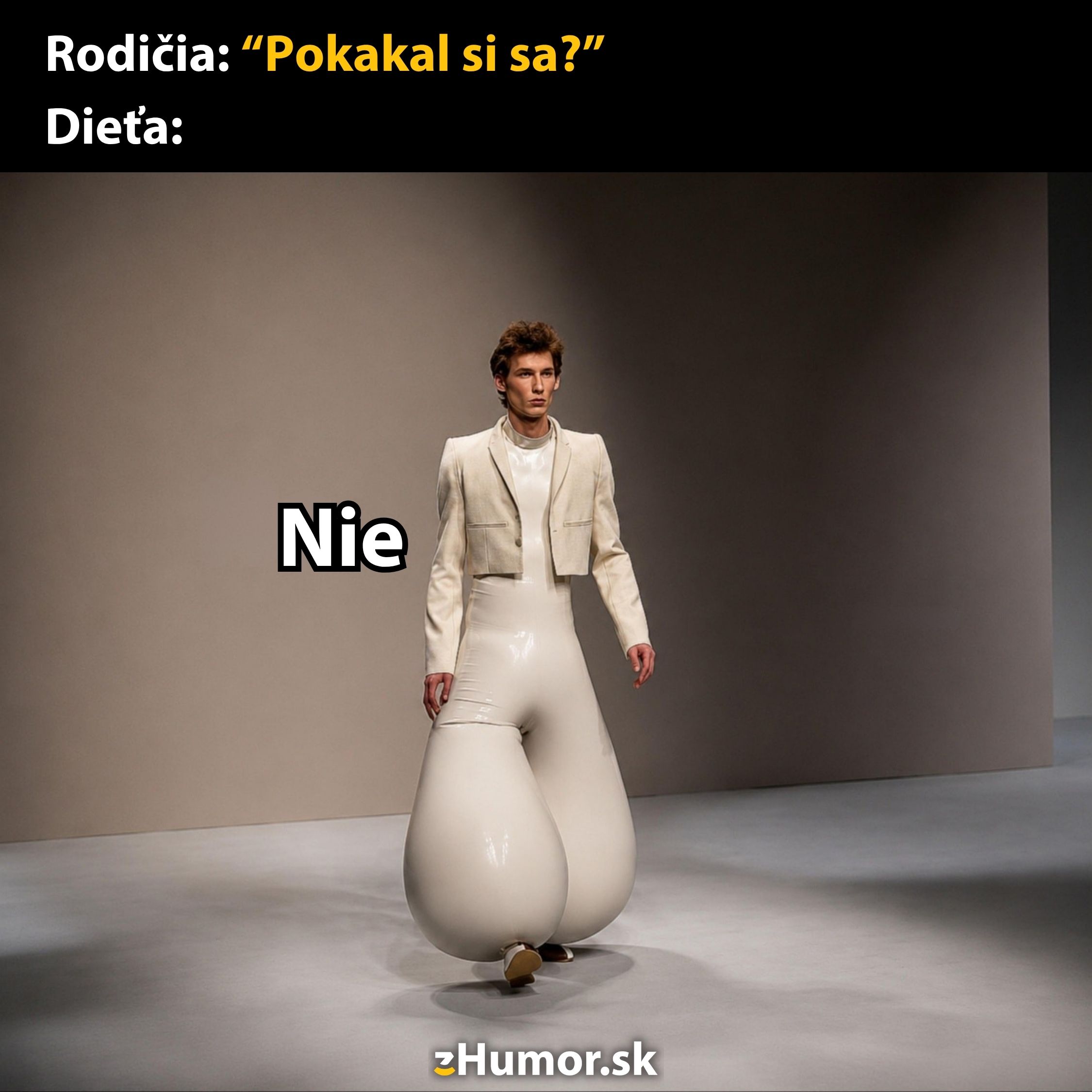 Módny model v extravagantných nohaviciach s vtipným textom Pokakal si sa? Nie odhaľujúci kreatívnu módu.