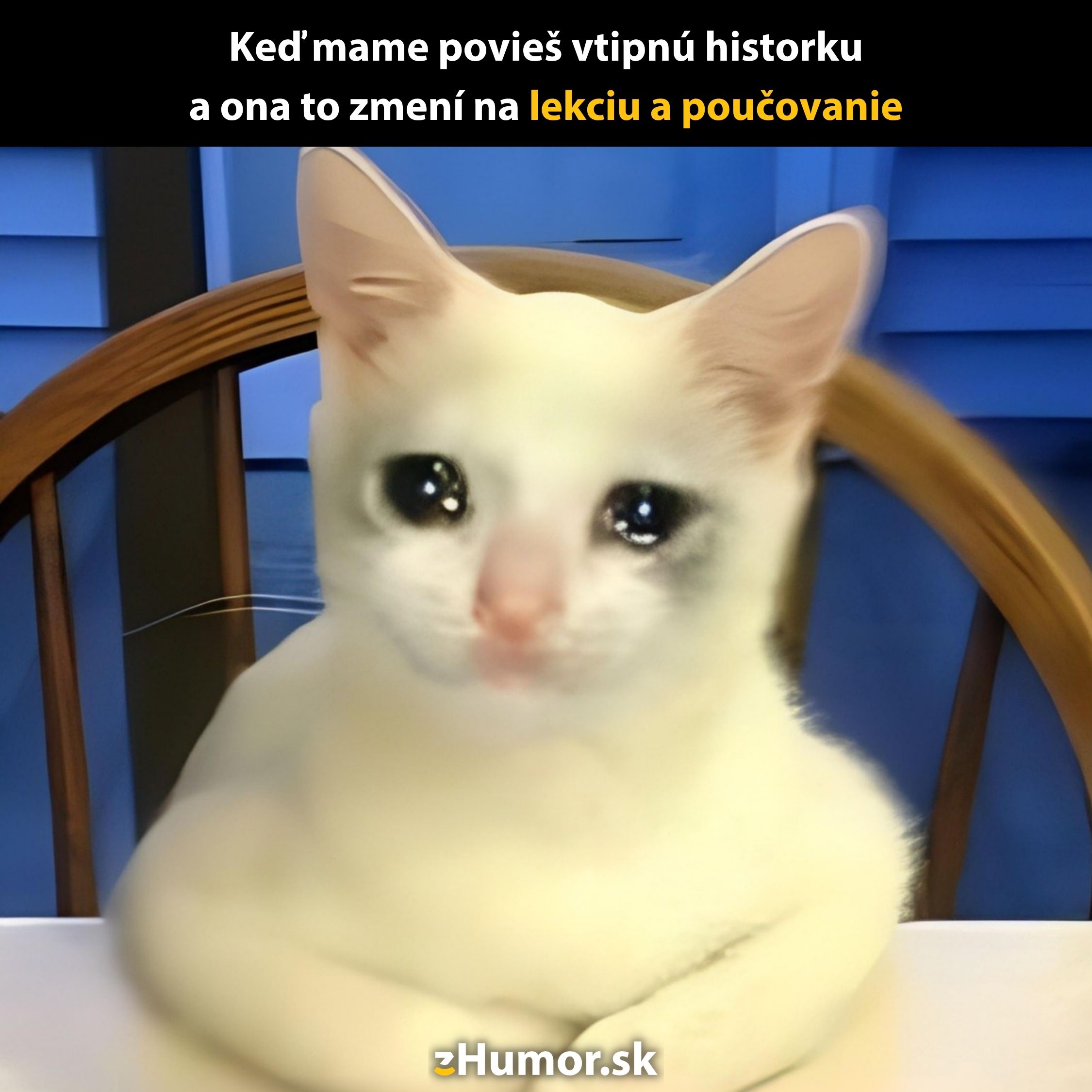 Mačka na stoličke s vtipným textom o tom, ako zábavný príbeh môže skončiť poučením.