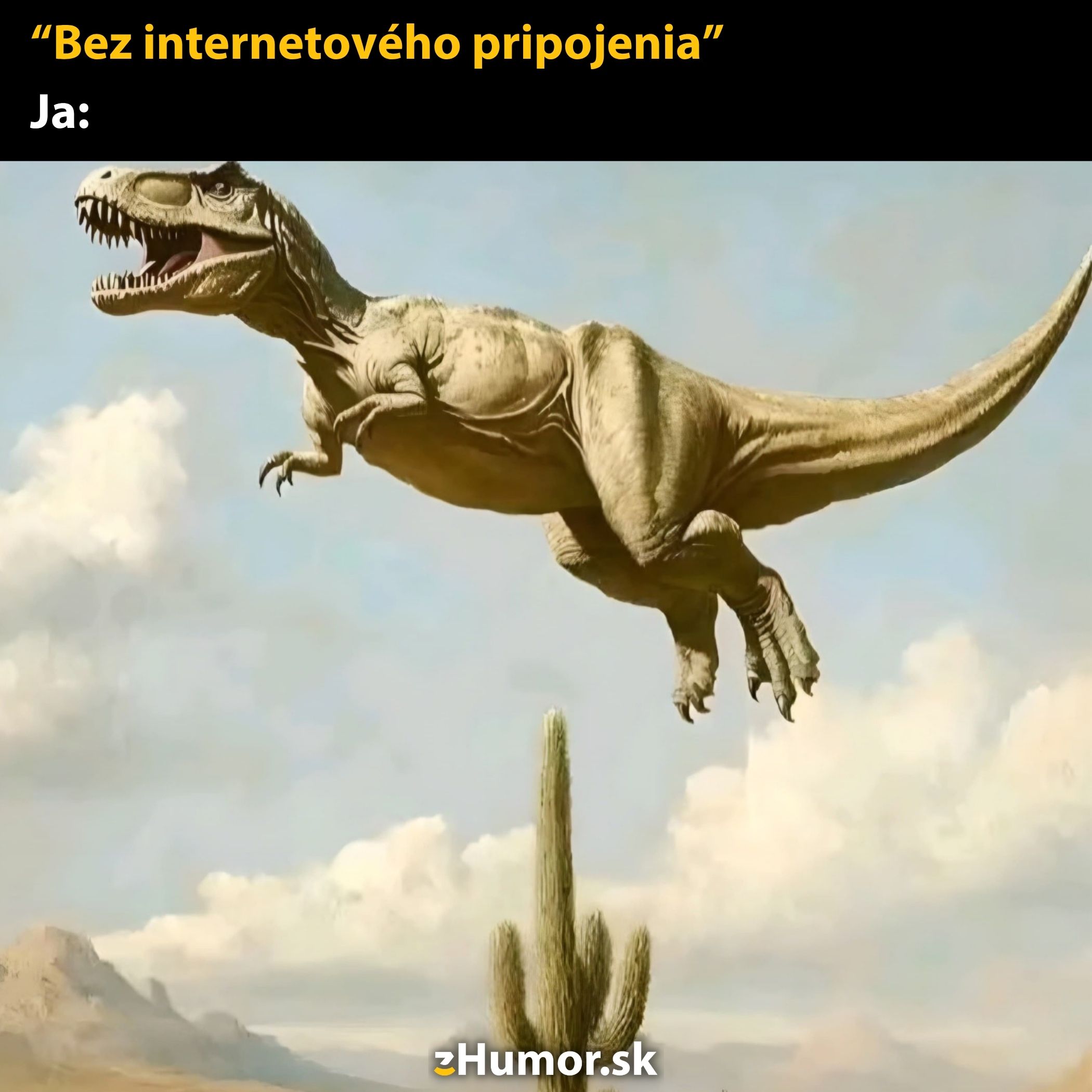 Dinosaurus skáče cez kaktus, humorný odkaz na offline pripojenie v prehliadači.