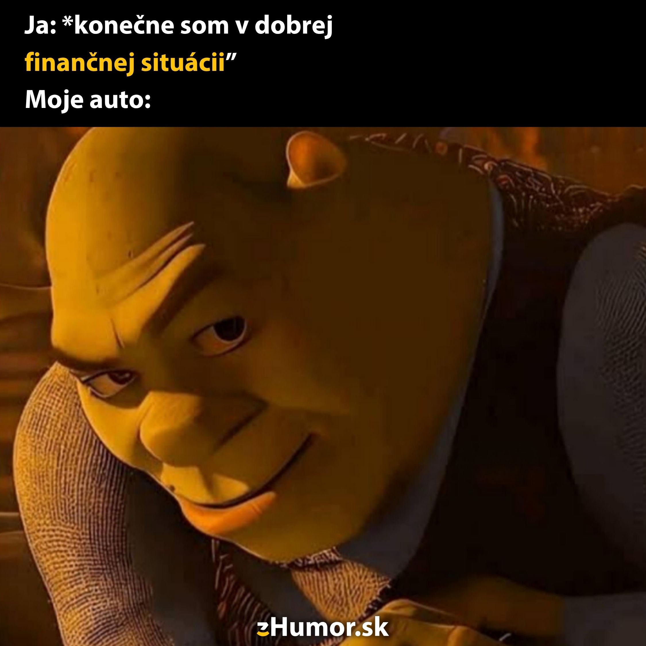 Meme so Shrekom naznačuje, že auto vyžaduje opravu práve vo chvíli, keď sa cítite finančne stabilný.