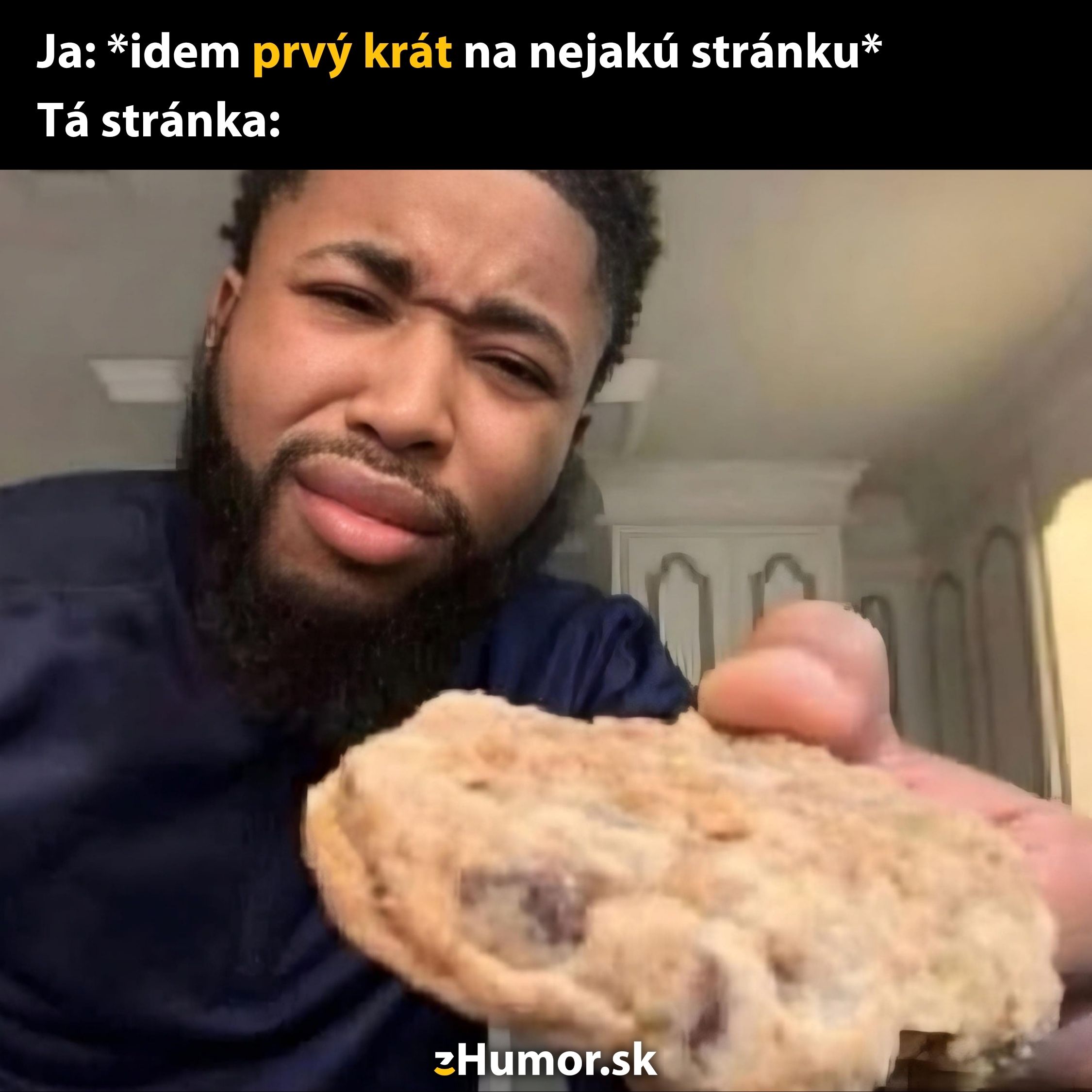 Osoba nedôverčivo drží sušienku, s textom nad obrázkom o prvej návšteve webstránky a cookies.