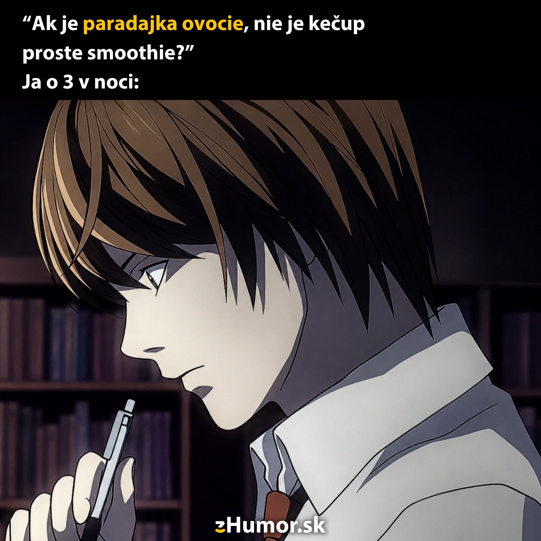 Postava zamyslene drží pero v ruke s vtipným textom o paradajkách ako ovocí a kečupe ako smoothii.
