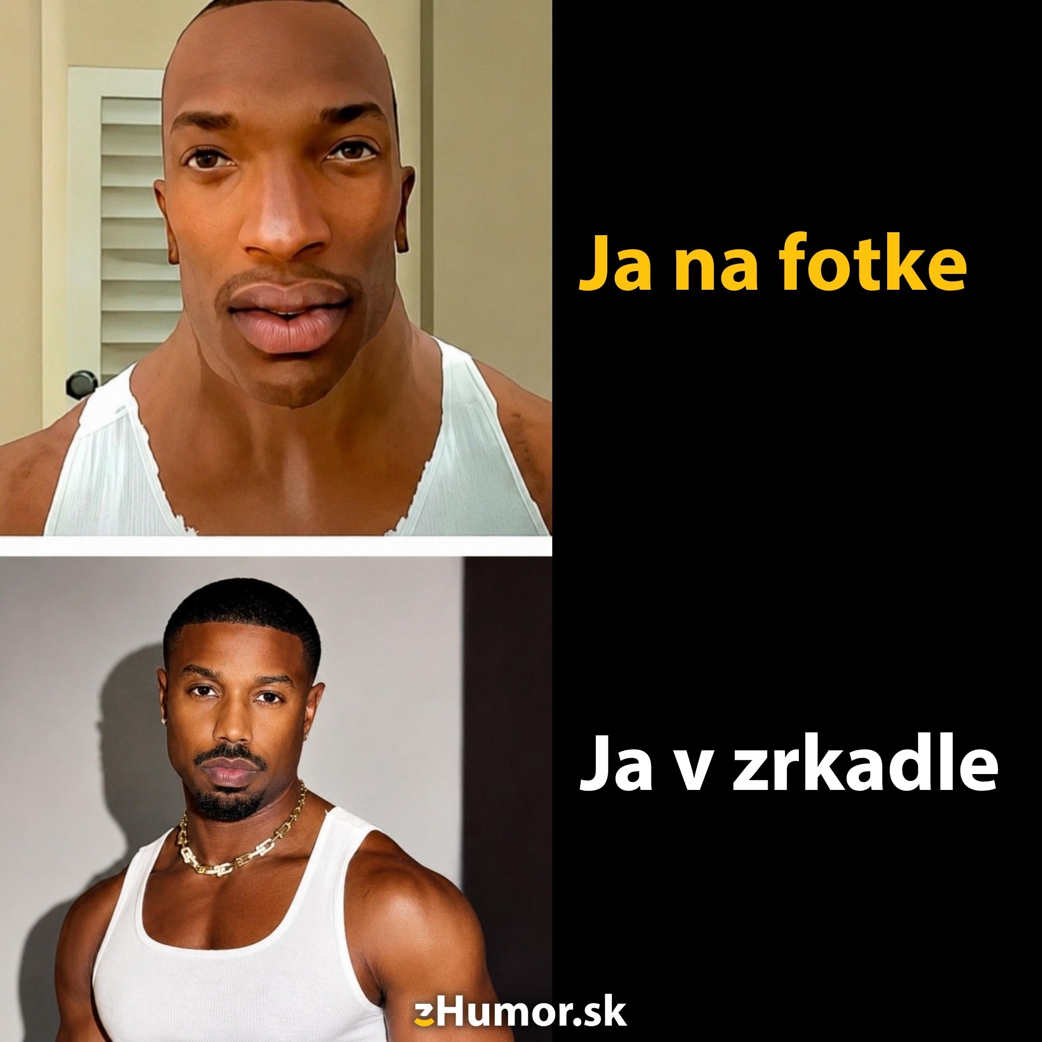 Porovnanie: Zábavný rozdiel medzi fotkou a odrazom v zrkadle. Humorný memes na tému sebavnímania.