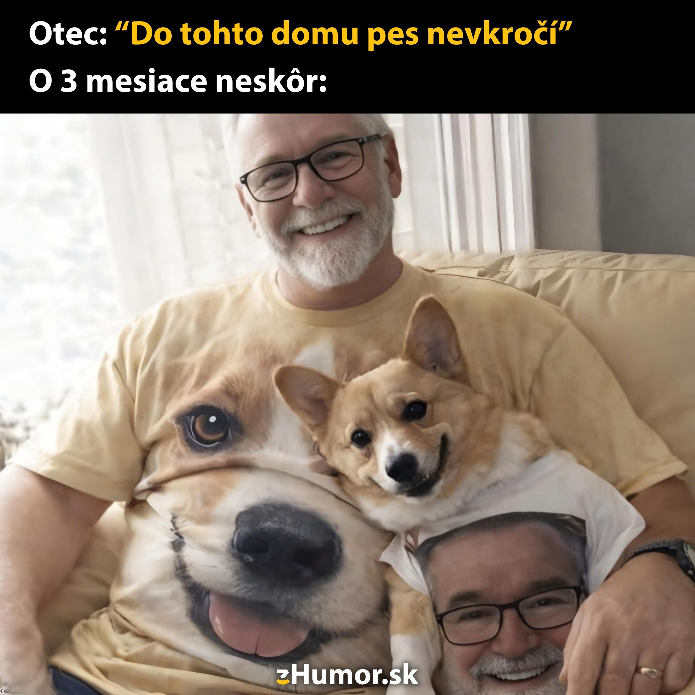 Otec s úsmevom objíma psa, obaja majú tričká s obrázkami na smiech.