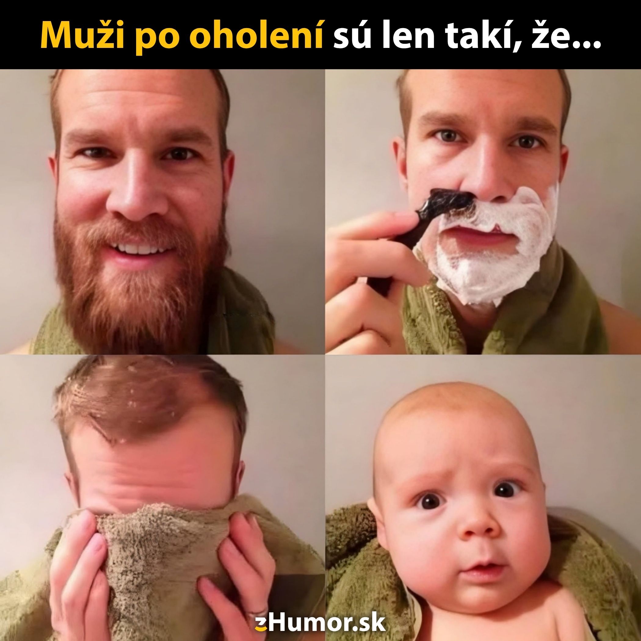 Muž pred a po oholení s bradou a dieťaťom namiesto tváre po oholení - vtipná transformácia.
