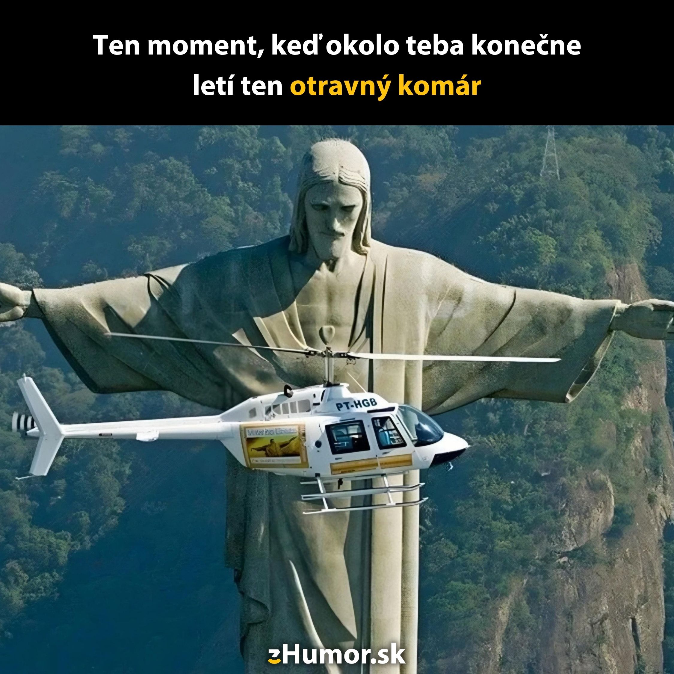 Socha Krista Spasiteľa s vrtuľníkom v popredí, sprievodný text vtipne poukazuje na otravného komára.