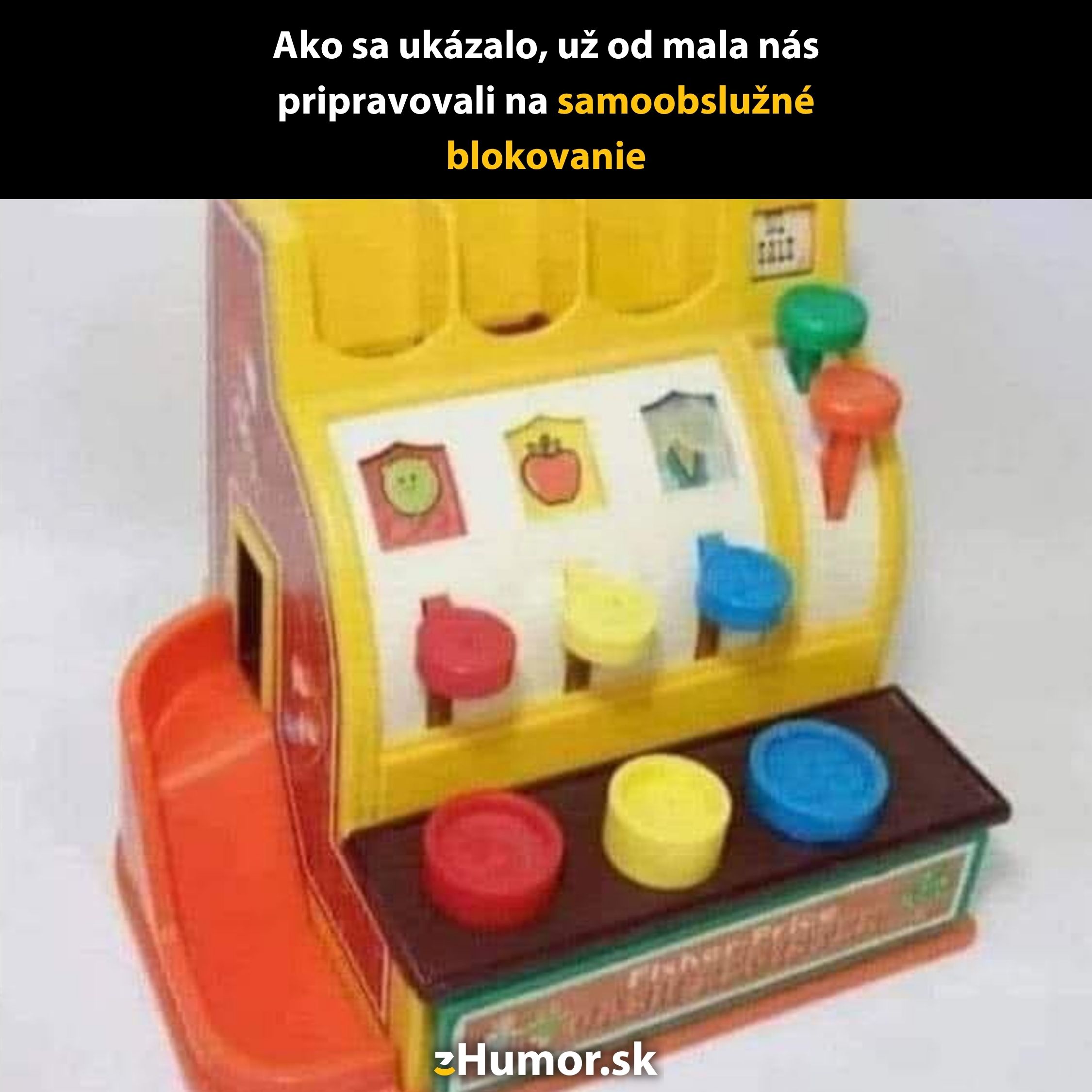 Detská hračka pripomínajúca pokladňu s veselými farebnými tlačidlami povzbudzuje k samostatnosti.