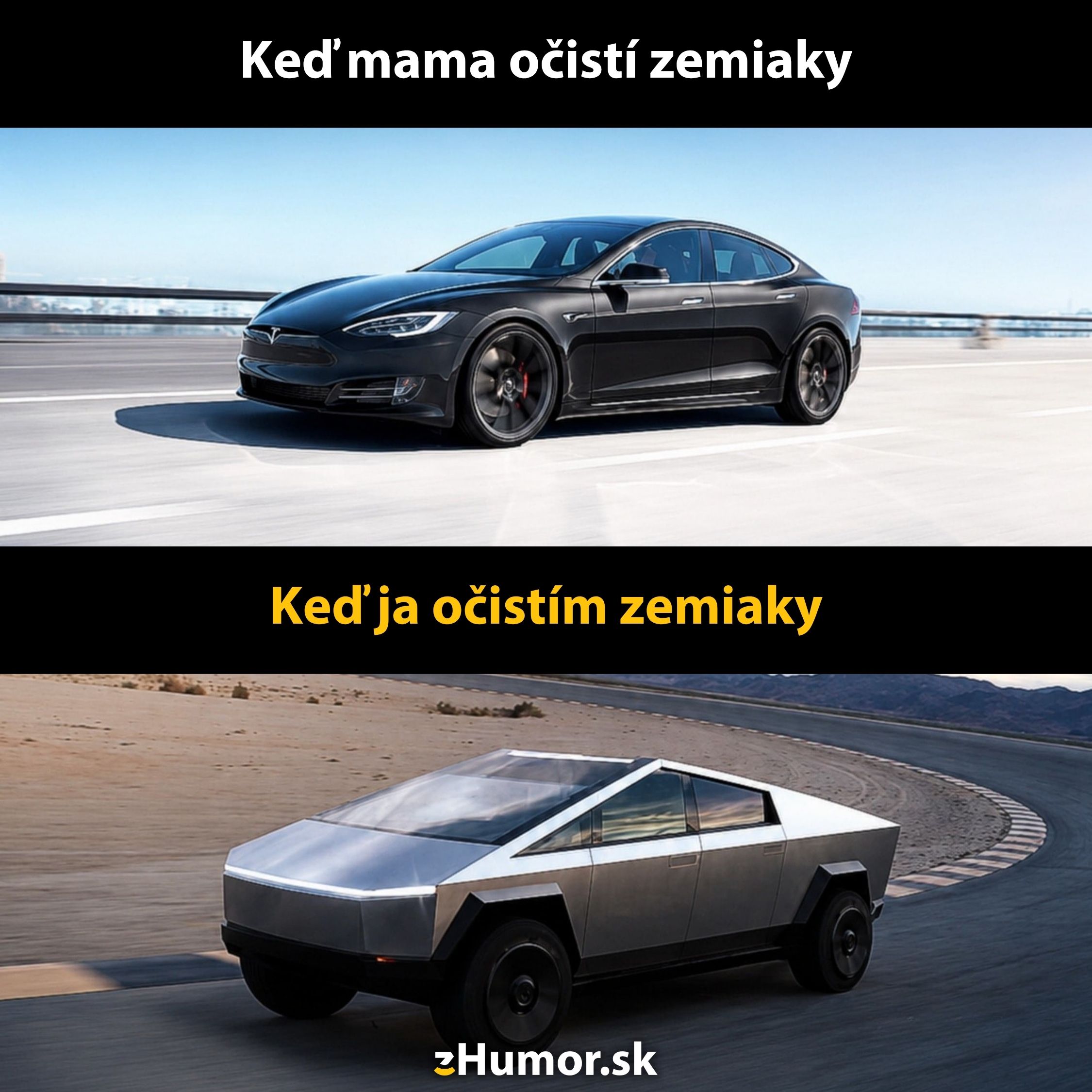 Luxusné auto na diaľnici vs futuristické auto na ceste s humorným textom o čistení zemiakov.