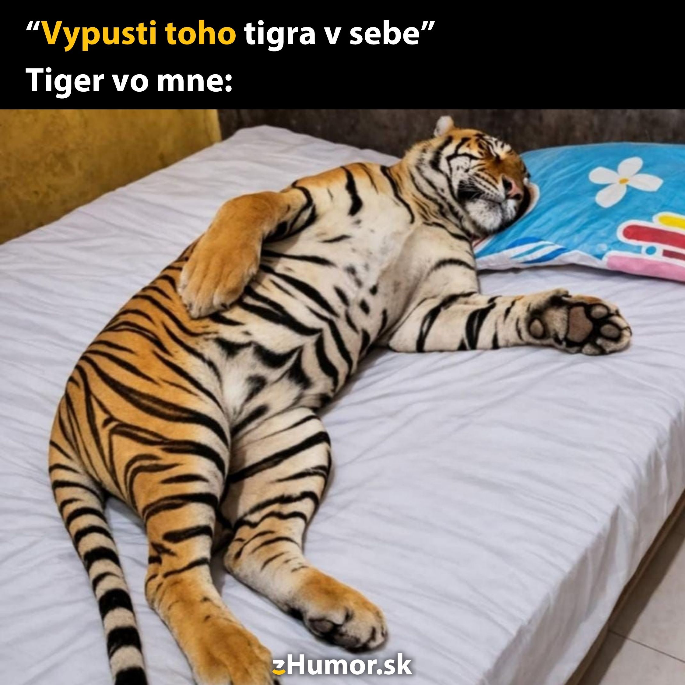 Ležiaci tiger na posteli s vtipným textom Vypusti toho tigra v sebe.