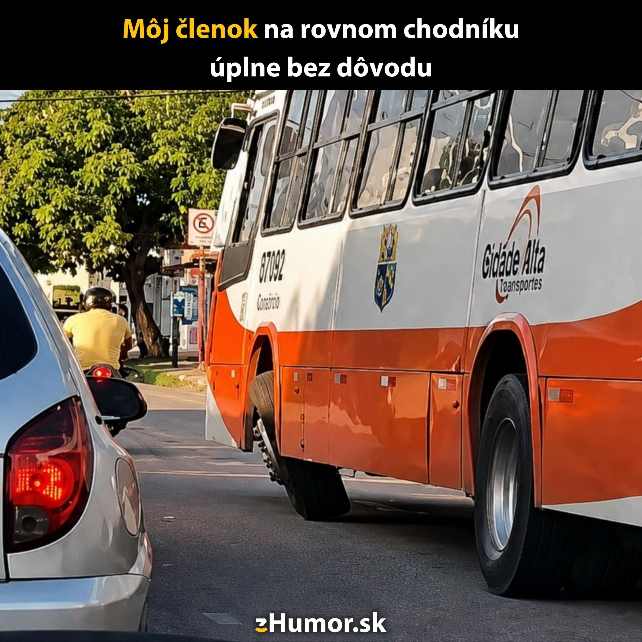 Autobus naklonený na ceste vedľa auta, ilustrácia k textu Môj členok na rovnom chodníku úplne bez dôvodu.
