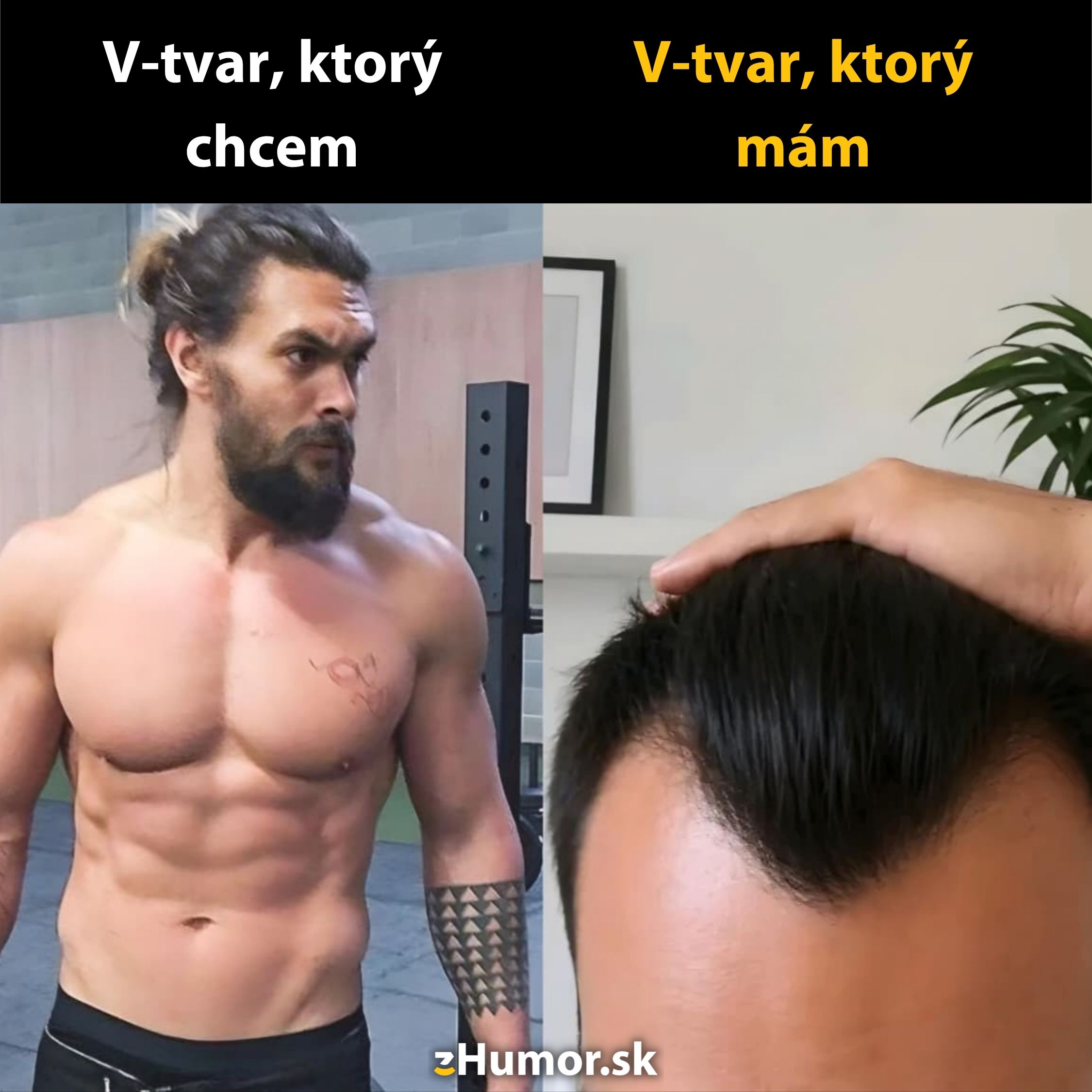 Porovnanie ideálneho a skutočného V-tvaru: fitnes cieľ verzus vlasová línia. Vtipný kontrast.
