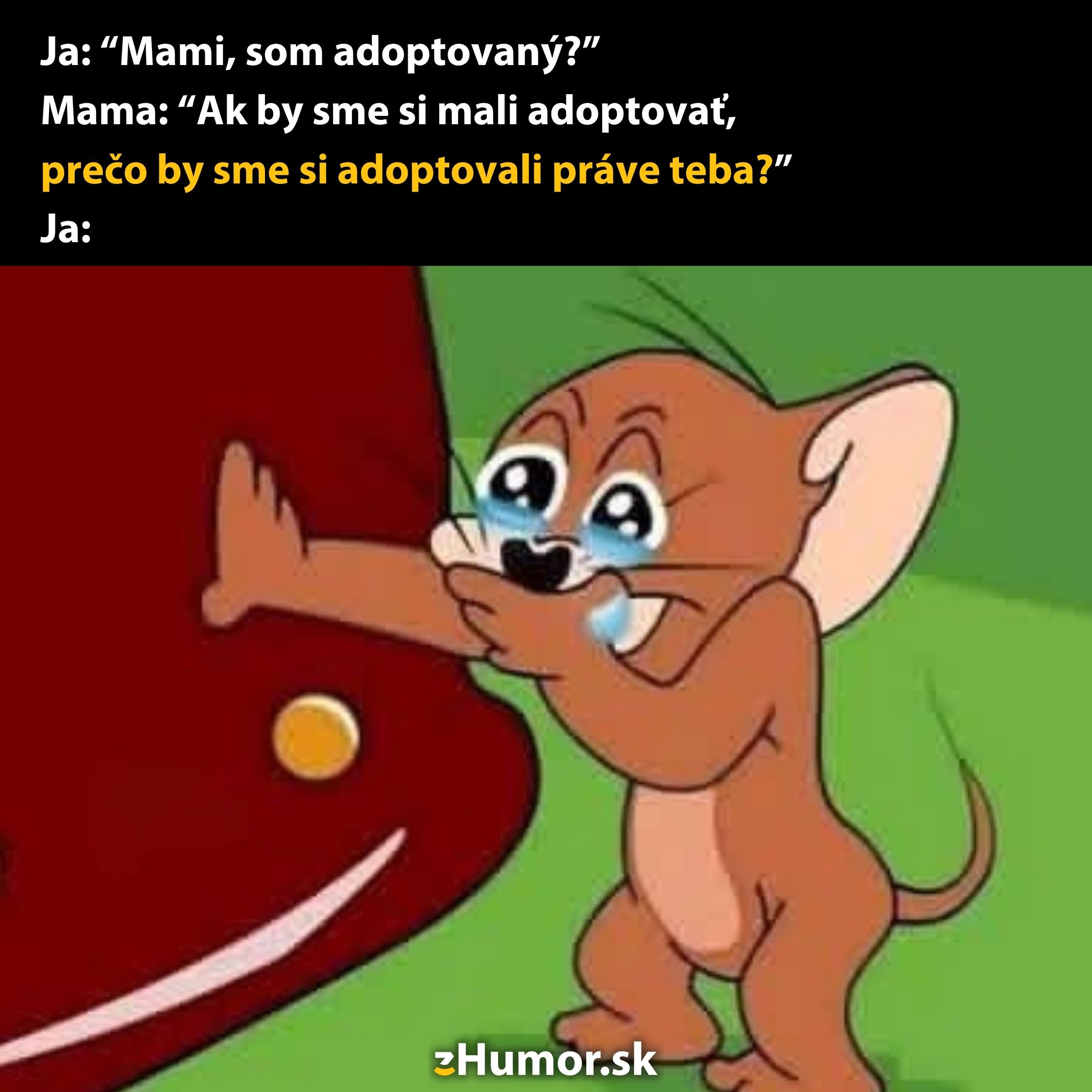 Kreslená postavička s plačúcimi očami a úsmevom reaguje na vtipný text o adopcii.