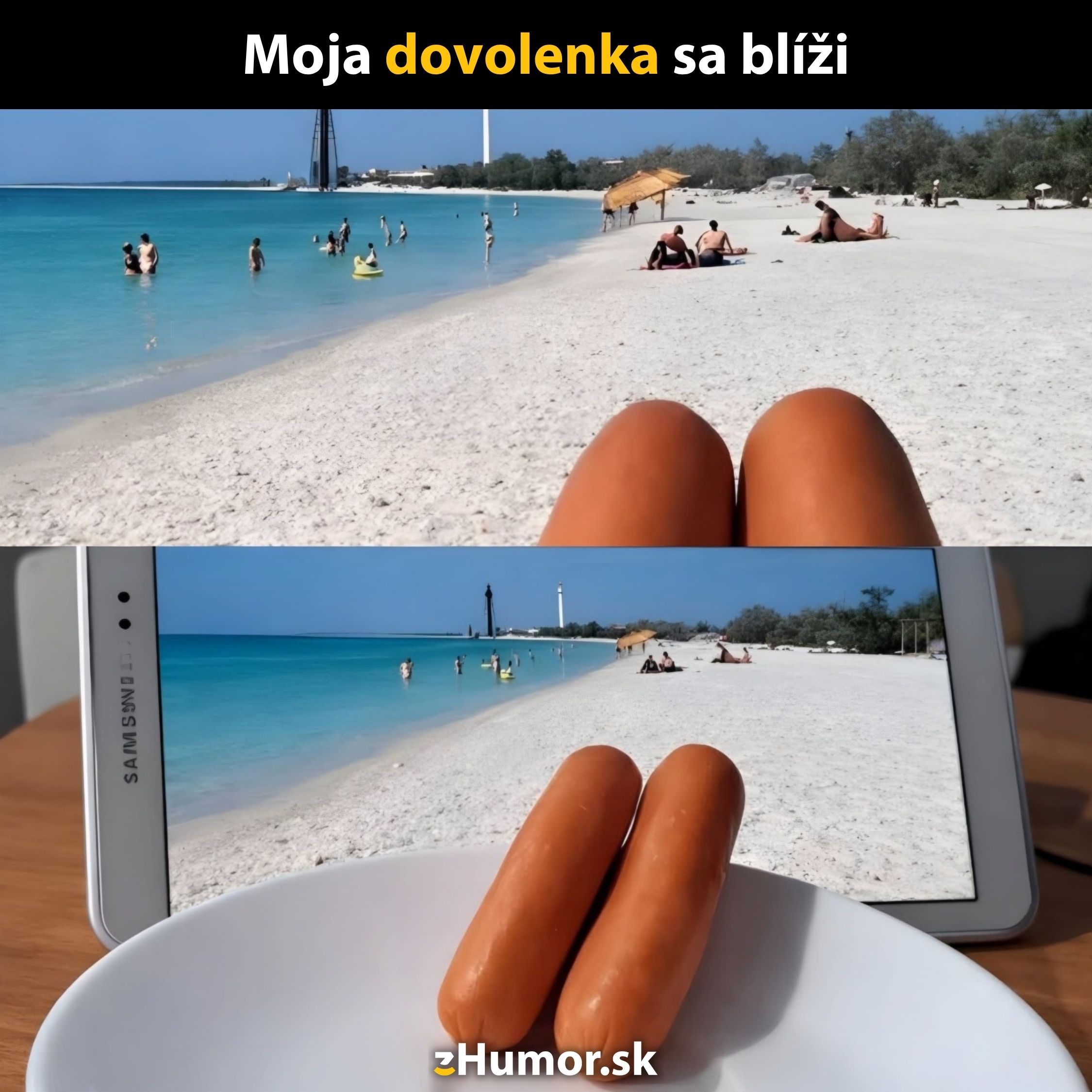 Plážový výhľad z mobilu s porovnaním k realite s párkami na tanieri ako nohami.