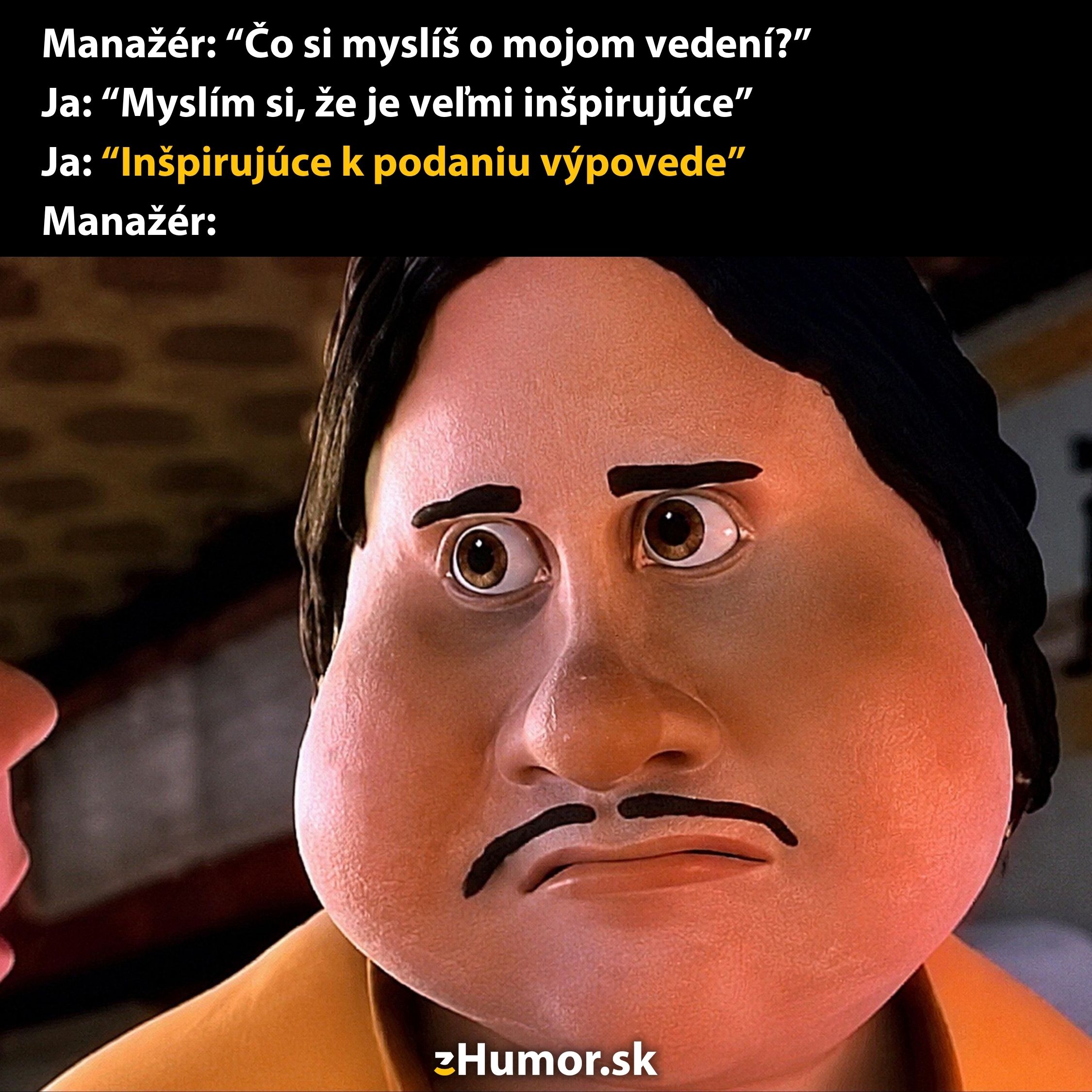 Manažér vyzerá šokovane po kritike jeho vedenia a inšpirácii k výpovedi. Humorná reakcia z kreslenej scény.