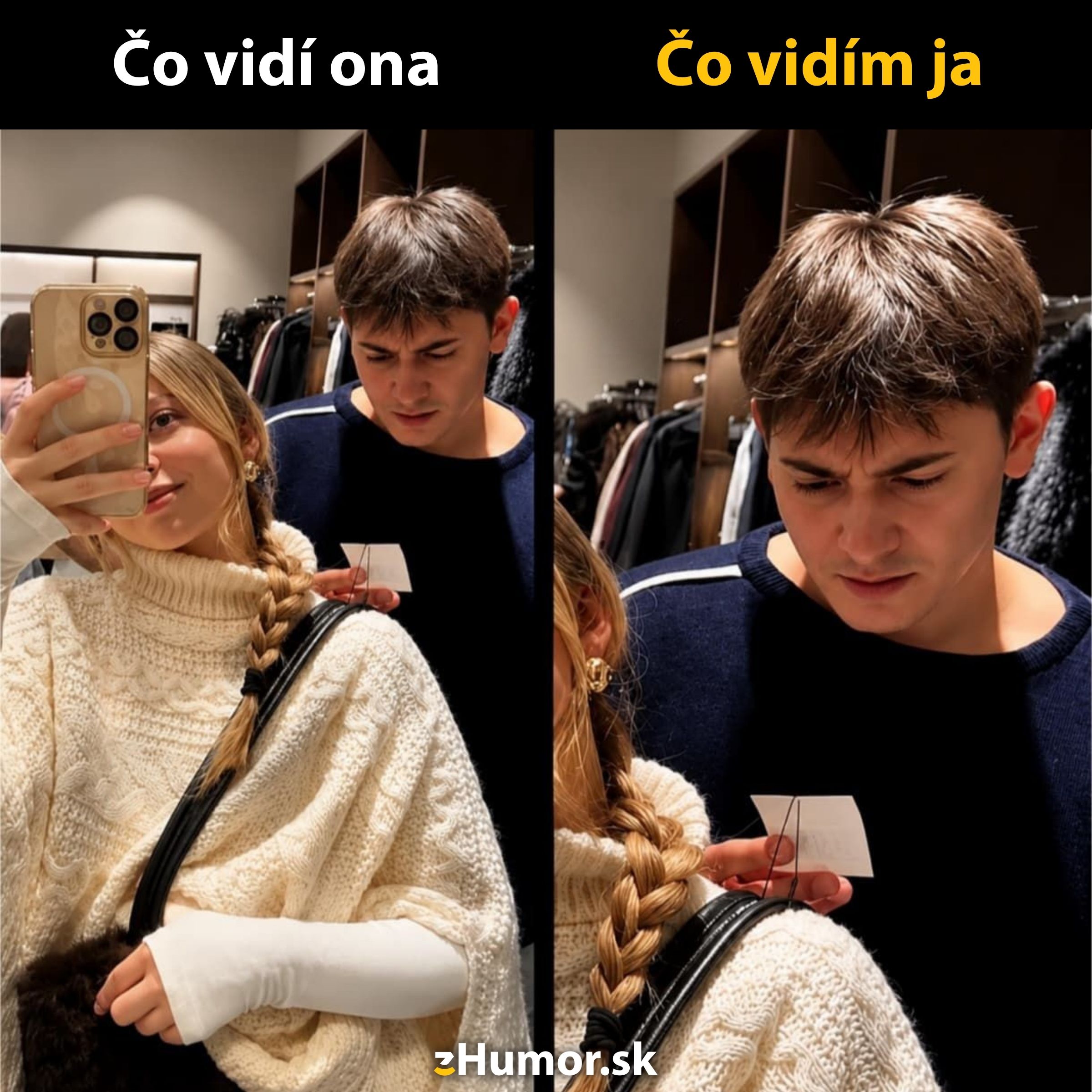 Žena robí selfie pred zrkadlom v obchode, zatiaľ čo muž za ňou študuje cenovku na oblečení.