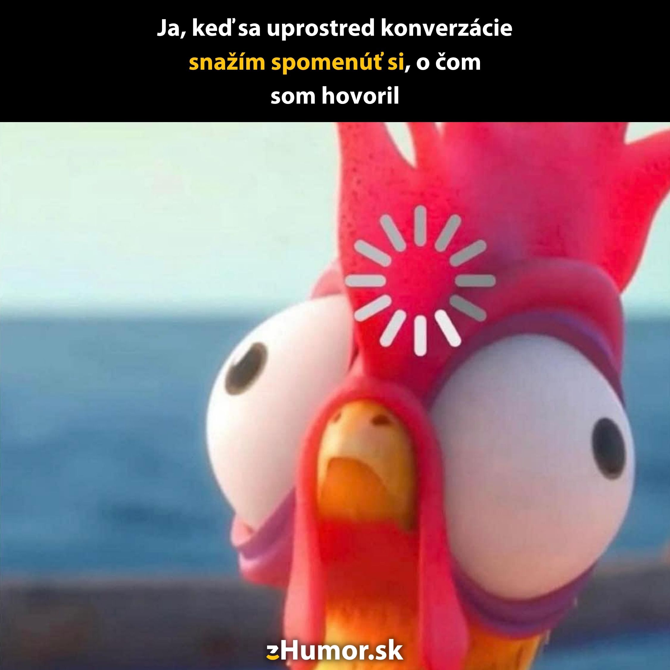 Prekvapený kohút s výrazom zamyslenia, keď si nedokáže spomenúť na tému rozhovoru.