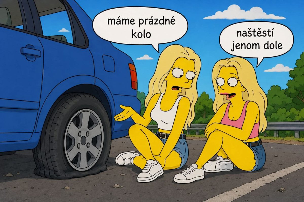 Dve animované postavy sedia pri aute s prázdnou pneumatikou, vtipne komunikujú.