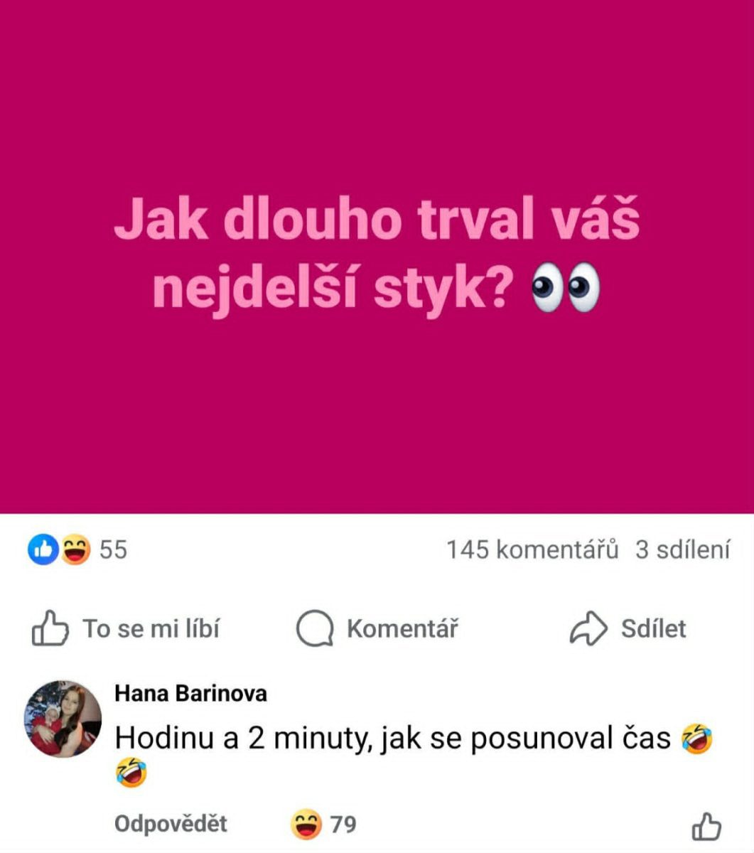 Otázka s vtipnou reakciou na trvanie najdlhšieho styku a odpoveď s humorným komentárom o čase.