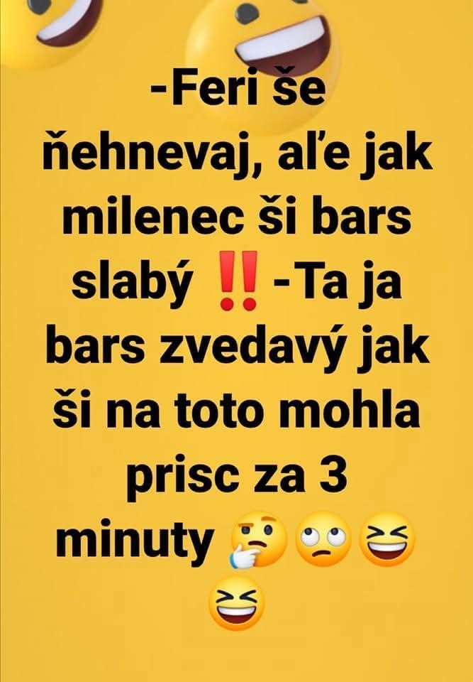 Vtipný dialóg o výkone s úsmevnými emotikonmi na žltej pozadí.
