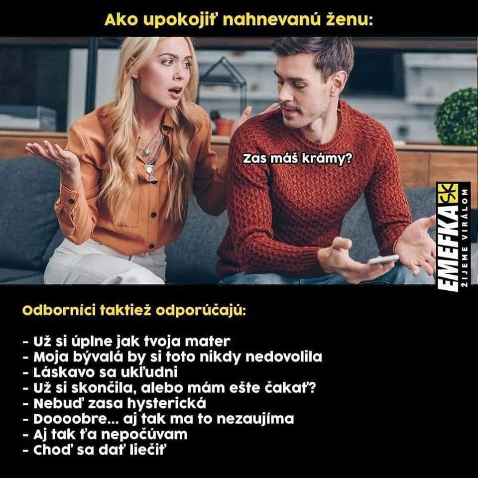 Pár sa háda na pohovke; muž používa nevhodné frázy. Text: Ako upokojiť nahnevanú ženu.